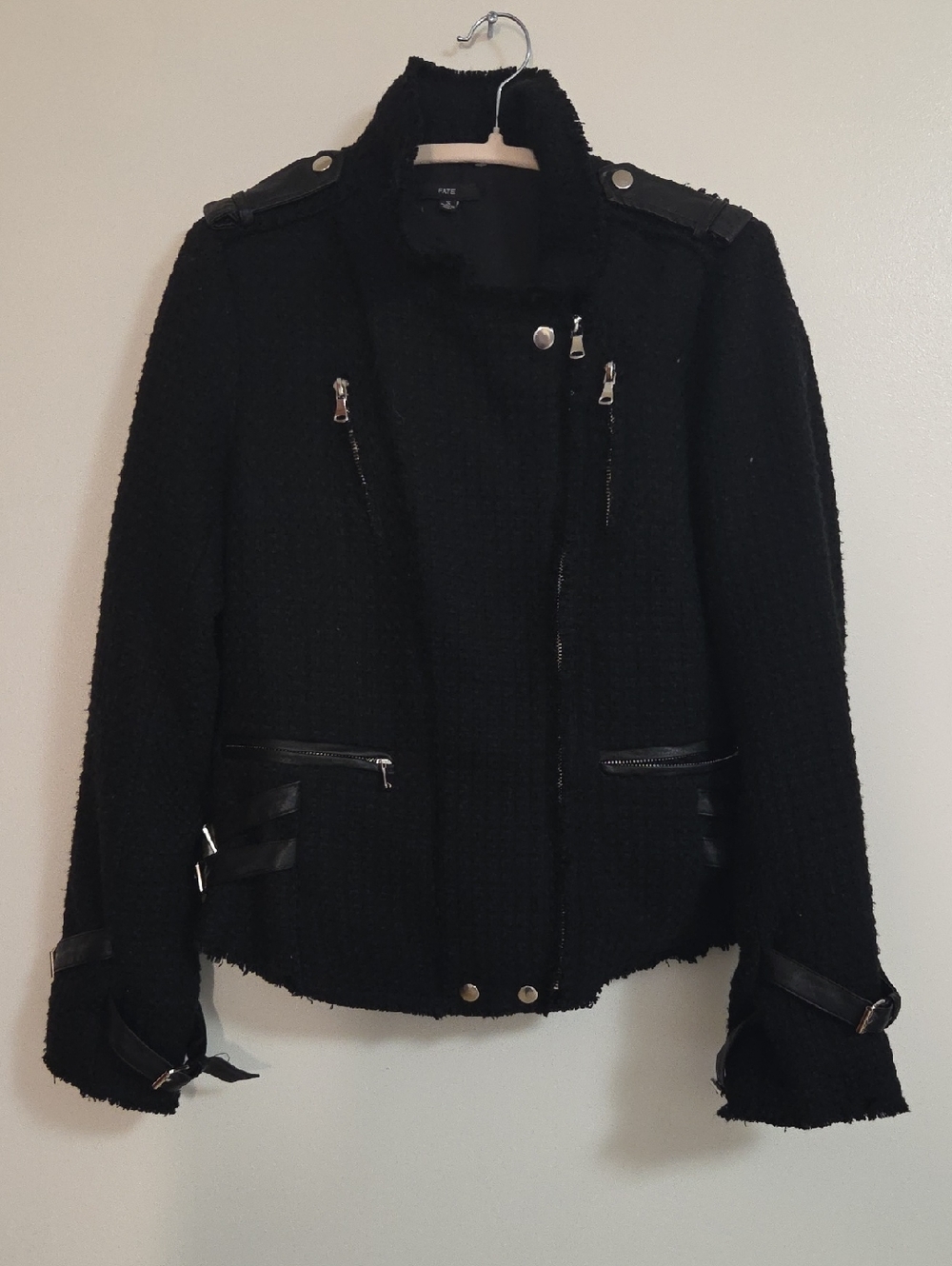 Fate Black Tweed Jacket with Leather Accents Small